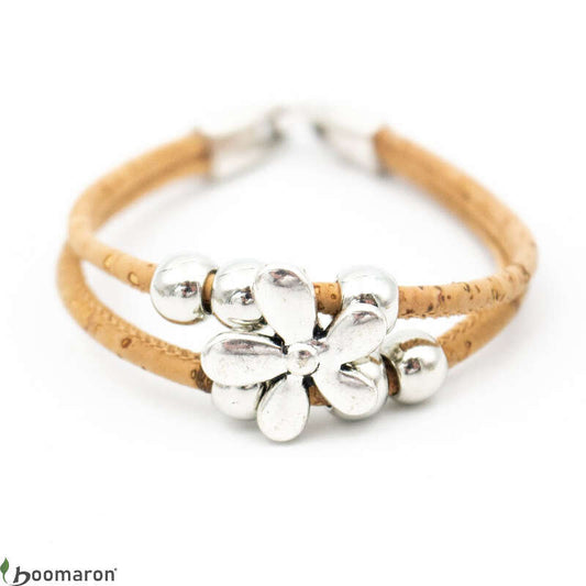 Bracelet en liège bi-lanière fleur naturel