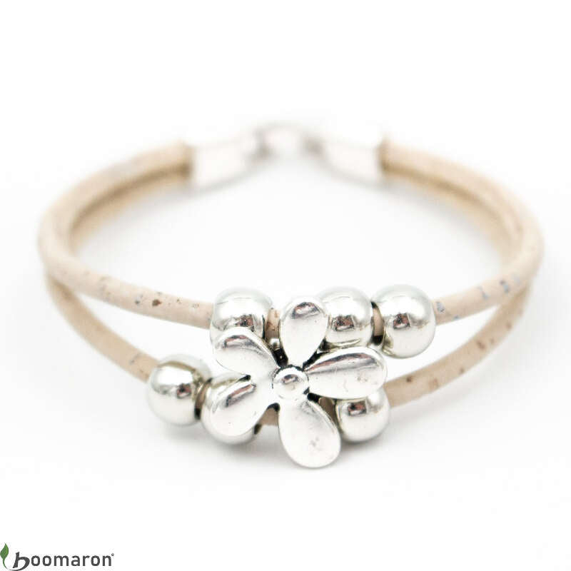 Bracelet en liège bi-lanière fleur blanc