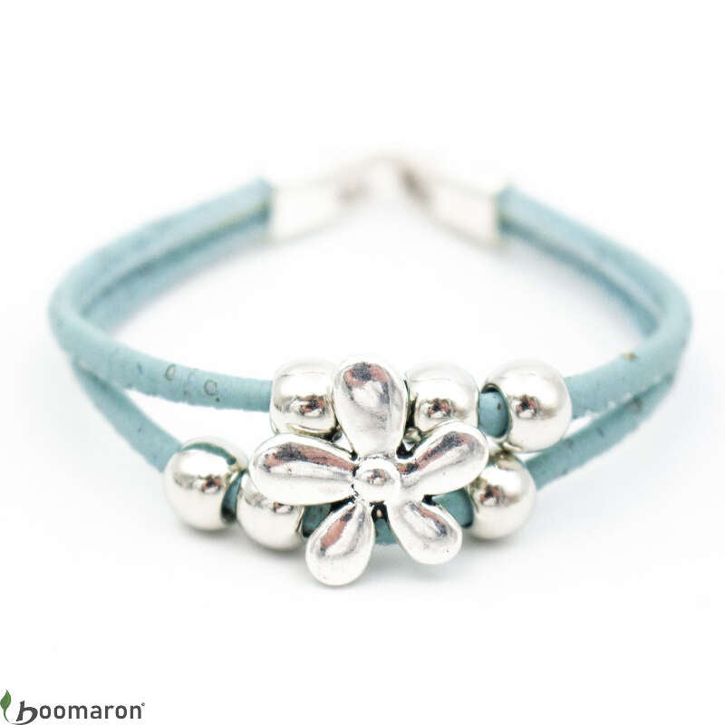 Bracelet en liège bleu bi-lanière motif fleur