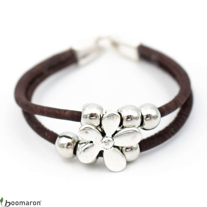 Bracelet en liège marron bi-lanière motif fleur