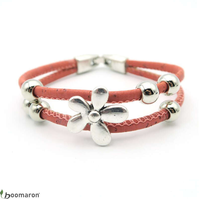 Bracelet en liège rose bi-lanière motif fleur
