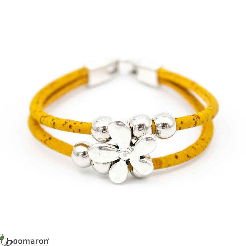 Bracelet en liège jaune bi-lanière motif fleur
